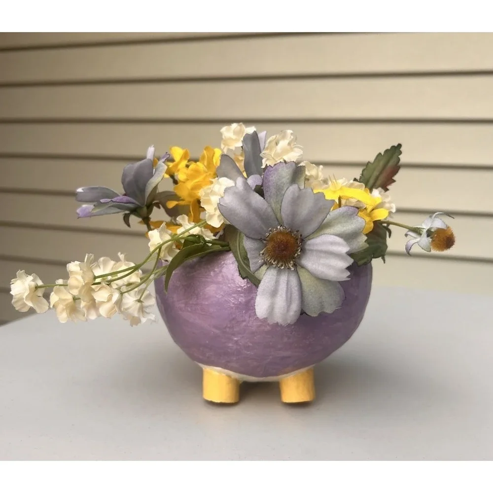 Handmade Cracked Egg Bowl Footed Lavender Gold Floral Arrangement Planter